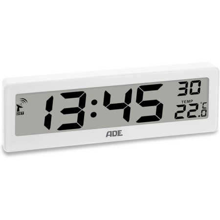 ADE Reloj Digital radiocontrolado con indicador de Temperatura | dígitos Muy Grandes | Pantalla de fácil Lectura | Blanco
