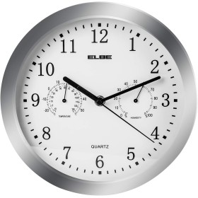 ELBE RP-3005-9 Reloj de pared con termómetro e higrómetro, mide temperatura y humedad, 25 cm diámetro, panel blanco marco plata,
