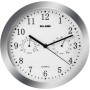 ELBE RP-3005-9 Reloj de pared con termómetro e higrómetro, mide temperatura y humedad, 25 cm diámetro, panel blanco marco plata,
