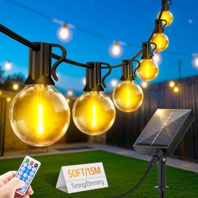Luces Solares Exterior 15M - Luz Solar Exterior Jardin IP65 Impermeable 20+1 G40 LED Plástico Bombillas con Control Remoto 8