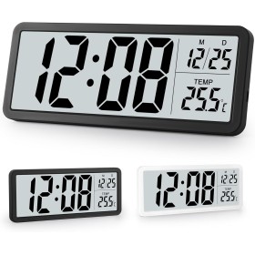 Sukeen Reloj de pared digital que funciona con pilas, reloj de pared digital con dígitos grandes, temperatura, 12/24 horas,