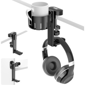 KDD 2 en 1 Soporte Cascos Gaming con Soporte Taza Escritorio - Soporte Auriculares Giratorio con Abrazadera Bajo el Escritorio -