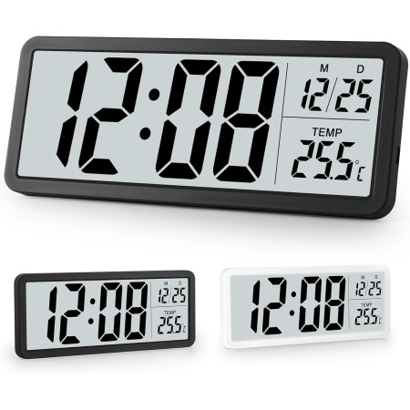 Sukeen Reloj de pared digital que funciona con pilas, reloj de pared digital con dígitos grandes, temperatura, 12/24 horas,