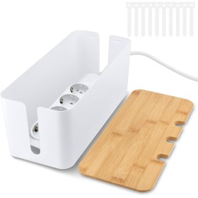 QOUBNIC Caja de Gestión de Cables con Tapa de Bambú, Caja Organizadora Cables Esconder Cables Caja Cables para Ocultar y