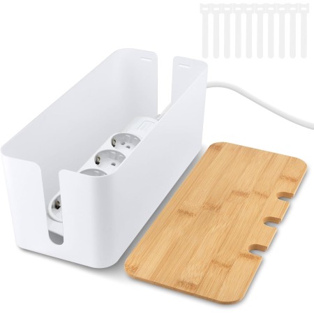 QOUBNIC Caja de Gestión de Cables con Tapa de Bambú, Caja Organizadora Cables Esconder Cables Caja Cables para Ocultar y