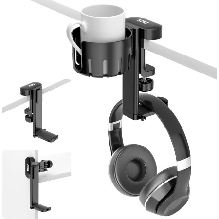 KDD 2 en 1 Soporte Cascos Gaming con Soporte Taza Escritorio - Soporte Auriculares Giratorio con Abrazadera Bajo el Escritorio -