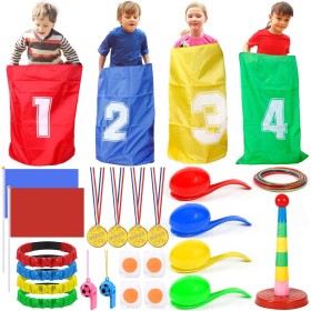 POWLYB Juegos de Carreras de Sacos, Juegos al Aire Libre, Huevo y Cuchara, Juego de Lanzamiento de Anillos, Medalla y Silbatos,