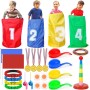 POWLYB Juegos de Carreras de Sacos, Juegos al Aire Libre, Huevo y Cuchara, Juego de Lanzamiento de Anillos, Medalla y Silbatos,