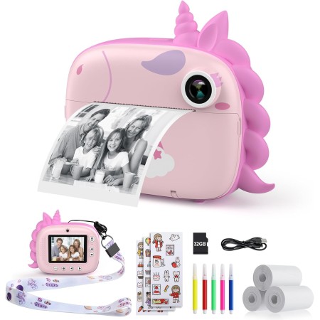 HiMont Kids Instant Photo Camera with Printing Paper and 32G 20MP SD Card, Kids Photo Camera with Colored Pens, Gift for 3-14