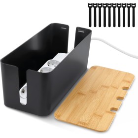 QOUBNIC Caja de Gestión de Cables con Tapa de Bambú, Caja Organizadora Cables Esconder Cables Caja Cables para Ocultar y