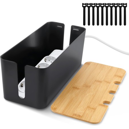 QOUBNIC Caja de Gestión de Cables con Tapa de Bambú, Caja Organizadora Cables Esconder Cables Caja Cables para Ocultar y