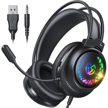 Tatybo Cascos Gaming para Ps4/Ps5/PC/Switch, Auriculares Gaming con Doble Diadema Adaptable, 3D Estéreo Sonido, Cascos con Cable