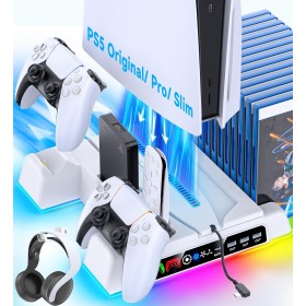 OIVO Soporte para PS5 y PS5 Slim con Cargador Mando PS5, Ventilador PS5 de 3 Velocidades, Soporte Playstation 5 RGB con Ranuras