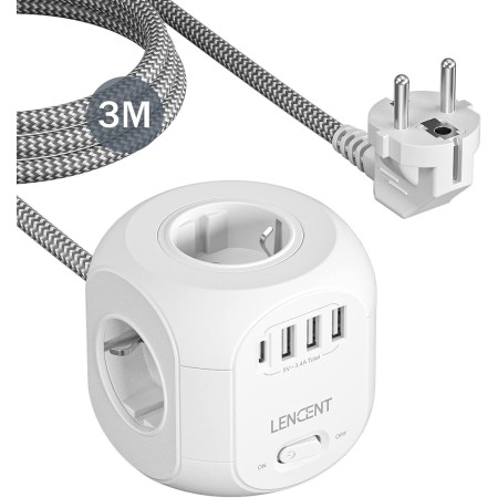 LENCENT Cubo Regleta Enchufes 3M con 4 Tomas de CA, 3 USB y 1 Tipo C, Alargadera Electrica Protección contra Sobretensiones para