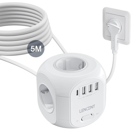 LENCENT Cubo Regleta Enchufes 2M con Enchufe Plano Regleta para Uso Interior, Regleta Enchufes Plano con 4 Tomas de CA, 3 USB y