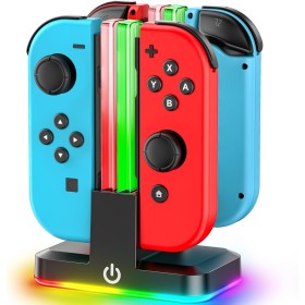 Cargador para Joycon Switch/OLED, 2,5H de Base Carga Mando para Nintendo Switch con Luz RGB y Control Inteligente de Carga,