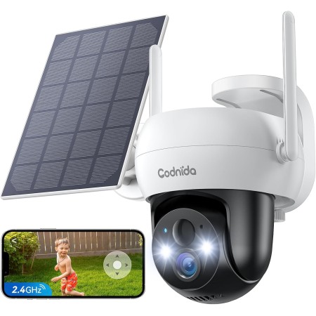 Codnida 2K Cámara Vigilancia WiFi Exterior Batería con Placa Solar,PTZ 360° Cámara Seguridad sin Cable,Detección de Movimiento