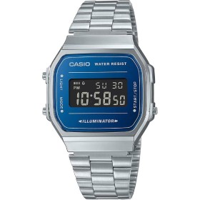Casio Reloj Cuarzo Unisex 38.60mm con dial Digital Azul y Correa de Pulsera de Metal Plata A168WEM-2BEF