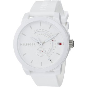 Tommy Hilfiger Reloj Analógico de Cuarzo para Hombre - Esfera Blanca, Correa de Silicona Blanca, Funciones de Día & Fecha, Caja