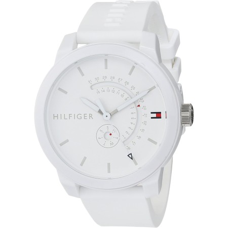 Tommy Hilfiger Reloj Analógico de Cuarzo para Hombre - Esfera Blanca, Correa de Silicona Blanca, Funciones de Día & Fecha, Caja