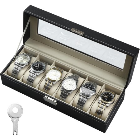 Caja Relojes con 6 Compartimentos, caja de relojes cubierta de vidrio, hecha de terciopelo, adecuada para almacenar relojes,