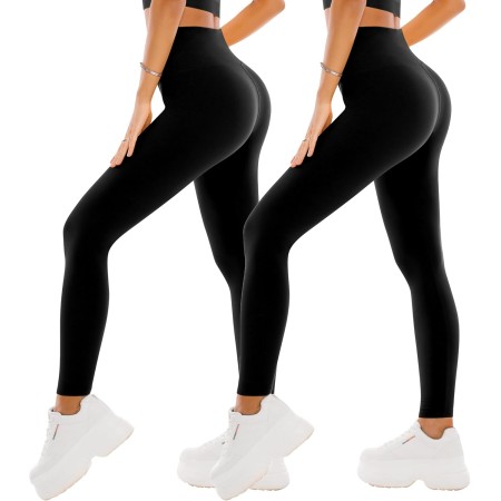 SINOPHANT 2 x Women's Yoga Pants Sports Leggings Soft Elastic High Waist Pilates Sizes, 2 Pieces Black/Black, L-XL