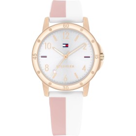 Tommy Hilfiger Reloj para Niña Esfera Plateada, Correa de Silicona Blanca y Rosa, Caja 32mm Oro Rosado, Cuarzo, Resistente al