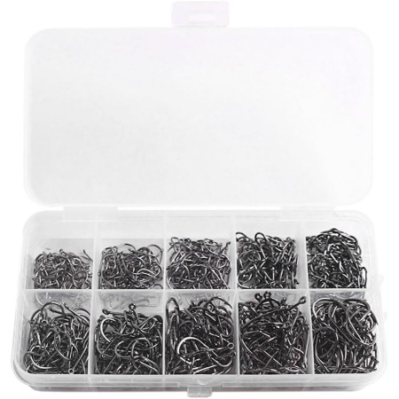 Anzuelos de Pesca, 600 PCS Anzuelos de Pesca en 10 Tamaños, Anzuelos de Púas, Pesca Gancho de Acero al Carbono con Caja de