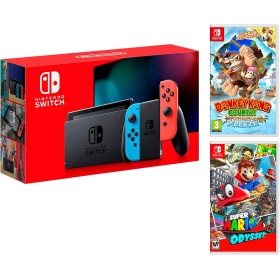 Nintendo Switch rojo/azul neón 32 GB Pack + Super Mario Odyssey + Donkey Kong: Tropical Freeze