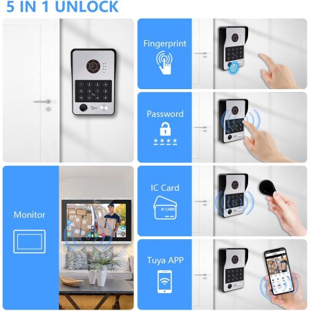 Videoportero con cable Sistema de intercomunicación de apartamentos,Monitor táctil de 10 pulgadas,Cámara HD 1080P Timbre,Huella