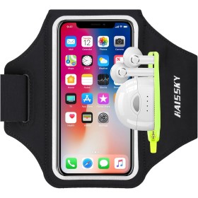 HAISSKY Brazalete Deportivo para Correr con Bolsa de Auriculares, Brazalete Móvil Deportivo Ajustable para iPhone 16 Pro MAX 15