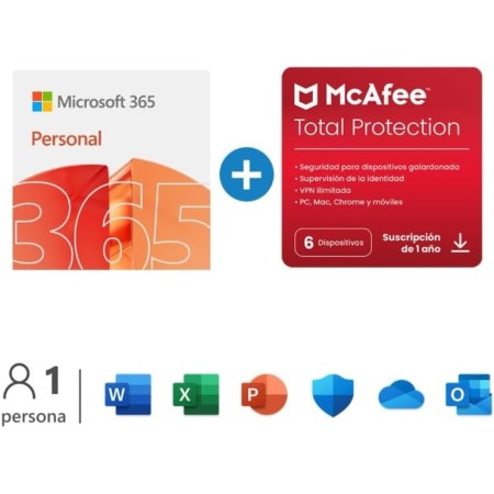 Microsoft 365 Personal | 12 meses | 1 persona | 1 TB de almacenamiento Onedrive | Apps Office con IA + McAfee Total Protection |