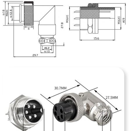 RUNCCI-YUN 2 Sets GX16 6 Pines Aviación Enchufe Conector,16mm ángulo Recto Soldadura Metal Macho Hembra Panel Conector de