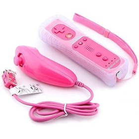 mini kitty 2 en 1 Mando Plus con Motion Plus y Nunchunk para Nintendo Wii (Opcional a Seis Colores) + Funda de Silicona - Rosa