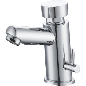 HOMSSY Grifo Temporizado para Lavabo, 2 Aguas (Agua Caliente y Fría), Diseño Cromado, Control Eficiente de Agua