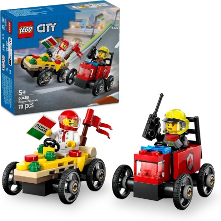 LEGO City Pack de Coches de Carreras: Pizza vs. Camión de Bomberos de Juguete, Autos Locos de Carreras con Minifigura de Chef y