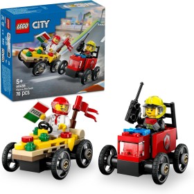 LEGO City Pack de Coches de Carreras: Pizza vs. Camión de Bomberos de Juguete, Autos Locos de Carreras con Minifigura de Chef y