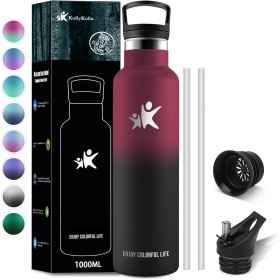 KollyKolla Botella Termica Deportiva con Pajita y Filtro, Botella Acero Inoxidable 1 litro, Sin BPA, Cantimplora Reutilizable,
