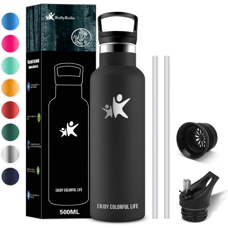 KollyKolla Botella Termica Deportiva con Pajita y Filtro, Botella Acero Inoxidable 1 litro, Sin BPA, Cantimplora Reutilizable,