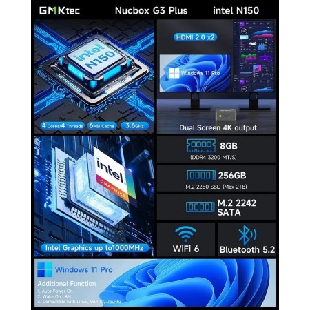 GMKtec G3 Plus Twin Lake N150 MINI PC Windows 11 Pro DDR4 RAM NVMe SSD
