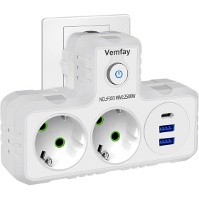 Ladron Enchufes de Pared, Regleta Enchufes con USB C, 5 en 1 Ladrón Enchufes Multiples USB, 2500W/10A, Protección Infantil,