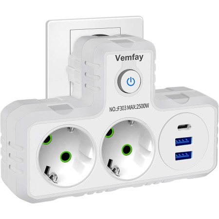 Ladron Enchufes de Pared, Regleta Enchufes con USB C, 5 en 1 Ladrón Enchufes Multiples USB, 2500W/10A, Protección Infantil,