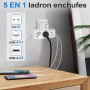 Ladron Enchufes de Pared, Regleta Enchufes con USB C, 5 en 1 Ladrón Enchufes Multiples USB, 2500W/10A, Protección Infantil,