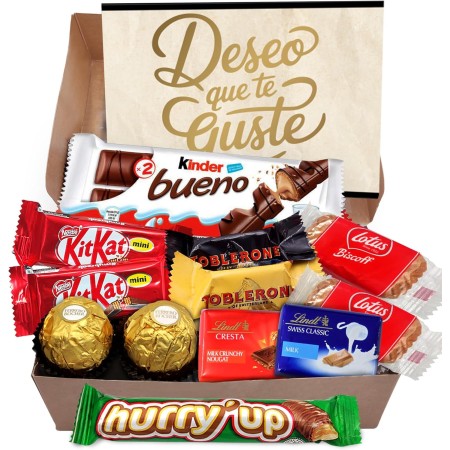 Cajita Regalo Original con 17 Chocolates Kinder Bueno, Cards, Kinder Chocolate, Twix, Mars, Kit Kat, Huesitos, Galleta Lotus