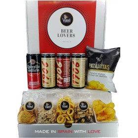Valeli.Cesta Cervezas Estrella Galicia. Cesta gourmet regalo original con frutos secos y snacks. Regalo para él, ella, amigo,