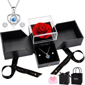 UUEMB Rosa Eterna, Rojo Caja de Regalo de Rosa Preservada con Collar de Corazón y Aretes, Regalo de Cumpleaños de Aniversario
