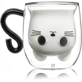 Qinhai Gato Tazas de Café de Cristal,Vasos de Doble Pared con Asa,Tazas de Té de Vidrio Borosilicato, Regalos para Cumpleaños