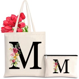 Letras Personalizadas Tote, Bolso Tote de Mujer con Inicial y Flores Bolsa de Compras con Bolsillo Interior, Alfabeto Bolso de