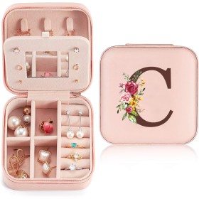 Sinekong Estuche Joyero Pequeño con Inicial C, Portátil Jewelry Organizer, Joyero Organizador de Viaje de Cuero PU, Joyero de