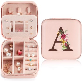 Sinekong Estuche Joyero Pequeño con Inicial A, Portátil Jewelry Organizer, Joyero Organizador de Viaje de Cuero PU, Joyero de